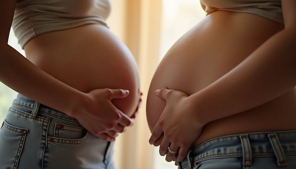“Third-trimester pregnant woman holding her belly in front of a mirror, reflecting her growing bump and preparing for birth with guidance from an OBGYN in Durban.”