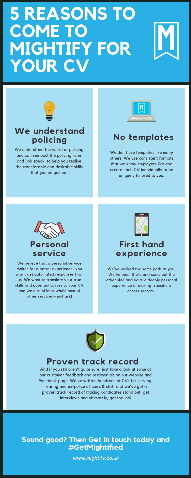 Infographic showing 5 reasons why you should come to Mightify for your CV