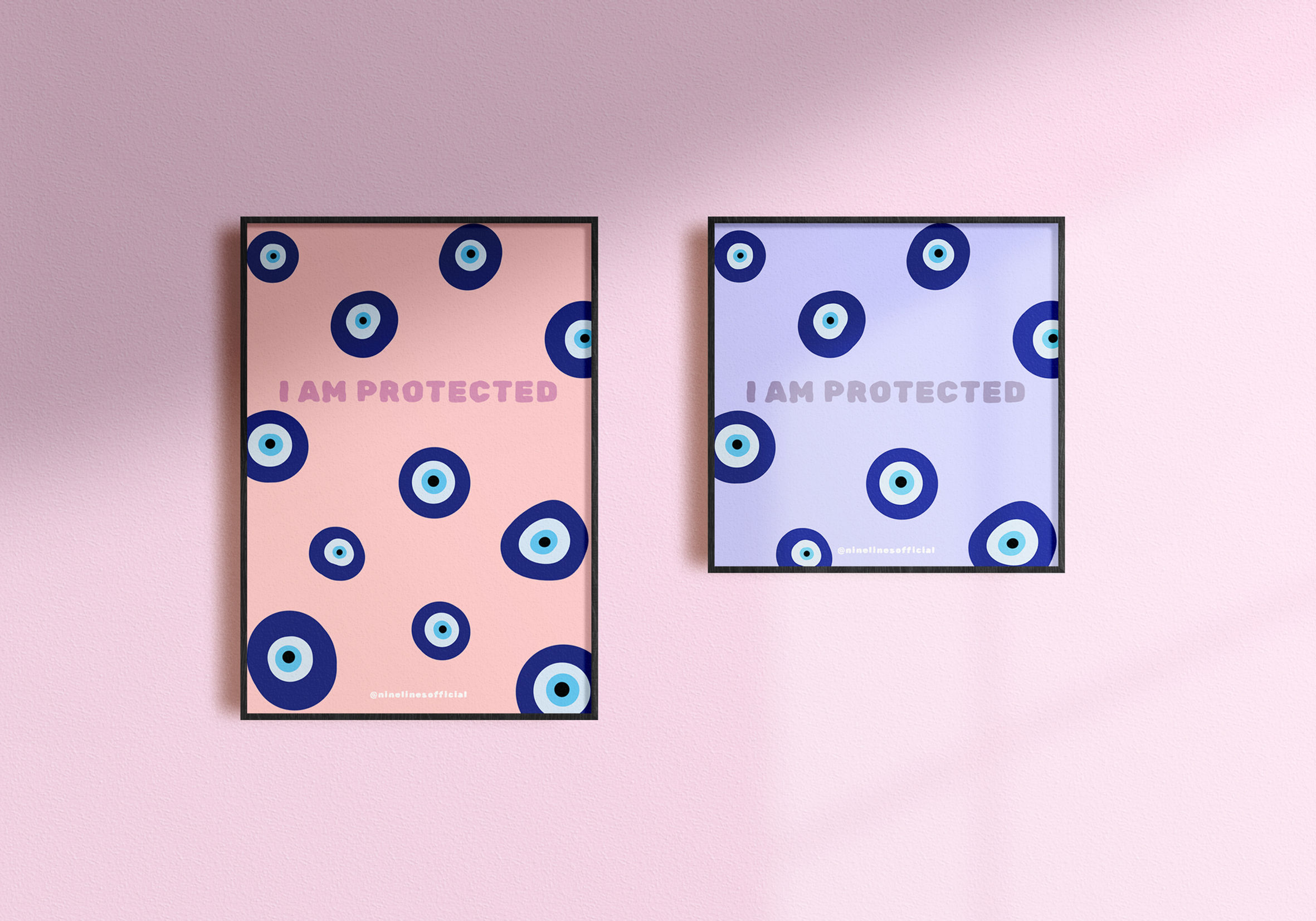Evil eye print with phrase 'I Am Protected', in colours blue and pink