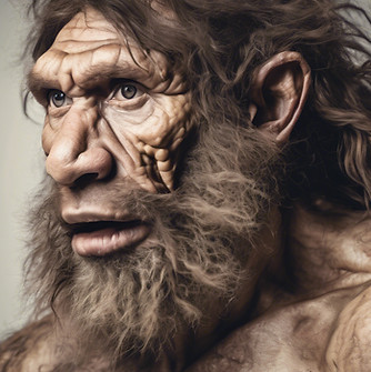 AI generated image of Bob, a very hairy Neanderthal.