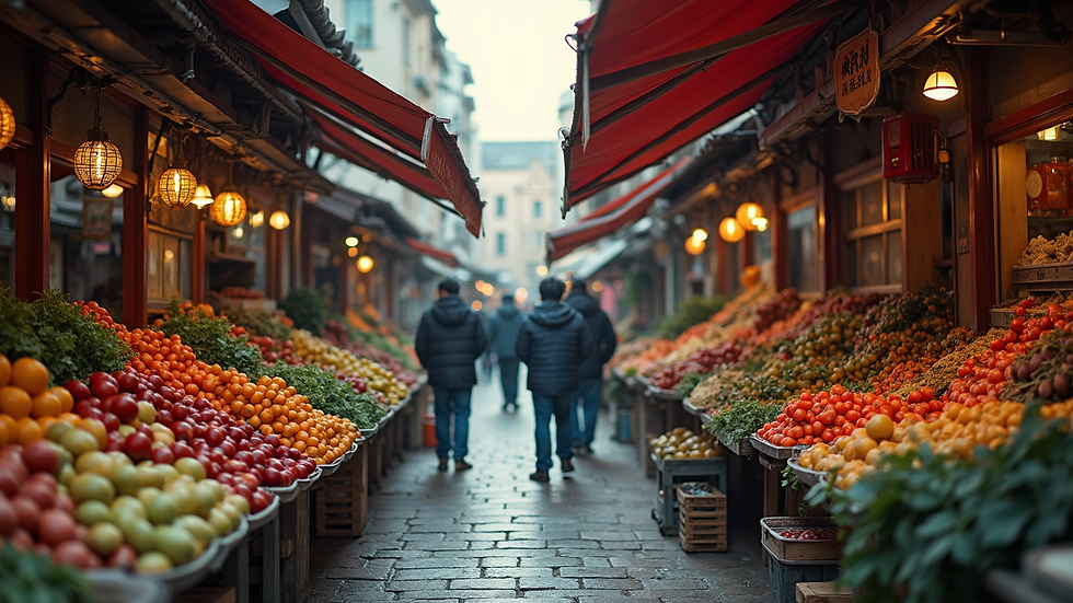 Wide angle view of a vibrant local market with stalls and fresh produce