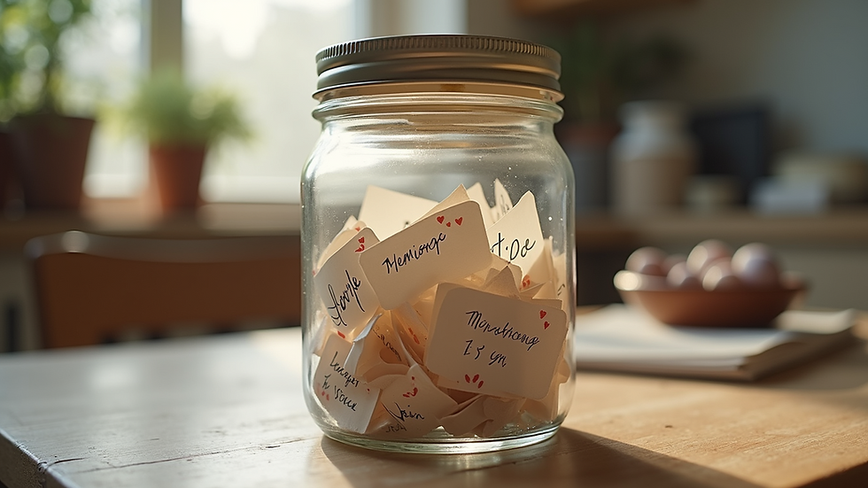 Eye-level view of a decorated memory jar filled with handwritten notes