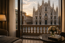 Luxury hotel room with a view of Milan Duomo