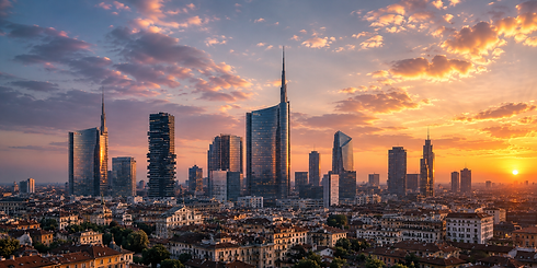 Milan skyline with modern skyscrapers at sunset