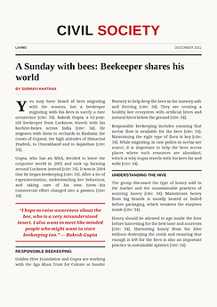 2021 Civil Society magazine, 2021: "A Sunday with bees" — profile of a Golden Hive Foundation beekeeper