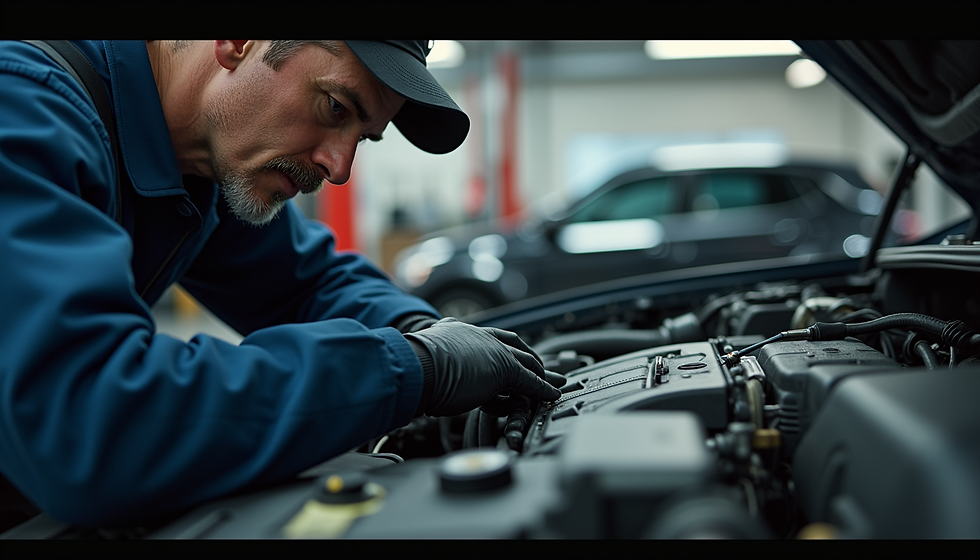 Mechanic in blue uniform and cap inspects car engine in garage. Focused expression, black gloves, blurred vehicle in background.