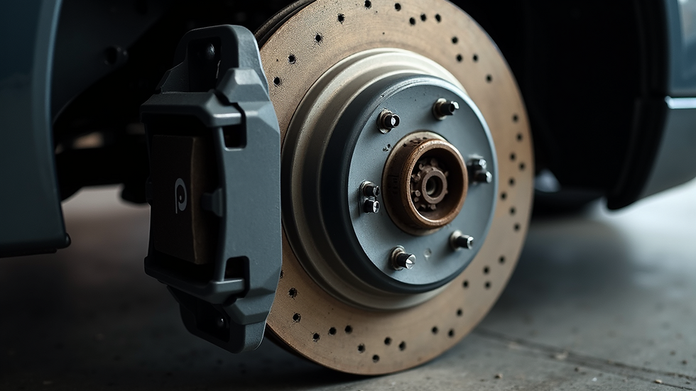 High angle view of brake pads and rotors