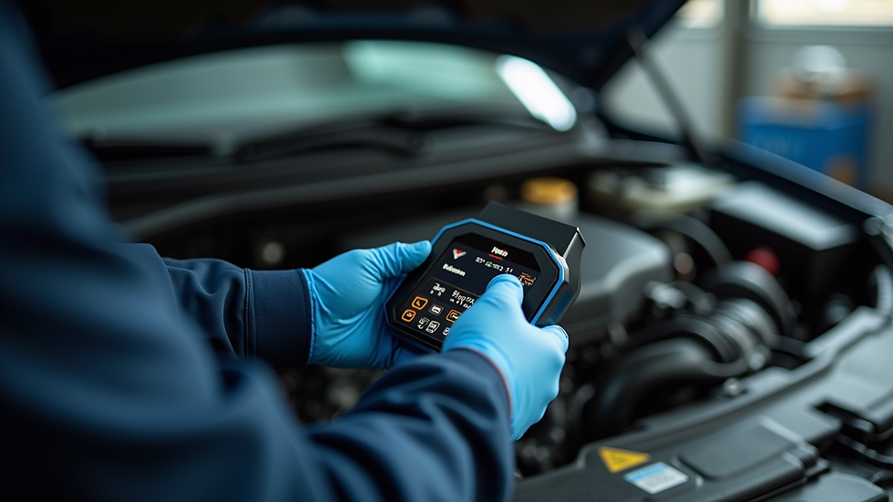 Eye-level view of a mechanic using an OBD-II scanner on a car