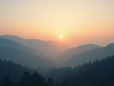 A serene landscape of misty mountains at sunrise, symbolizing new beginnings and inner pea
