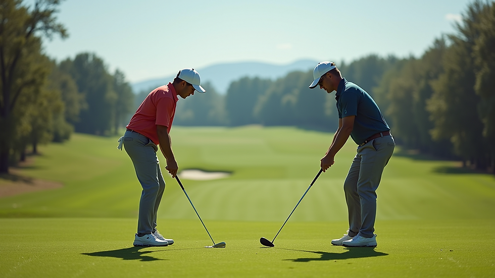 Eye-level view of a golf coach demonstrating swing technique on a lush golf course