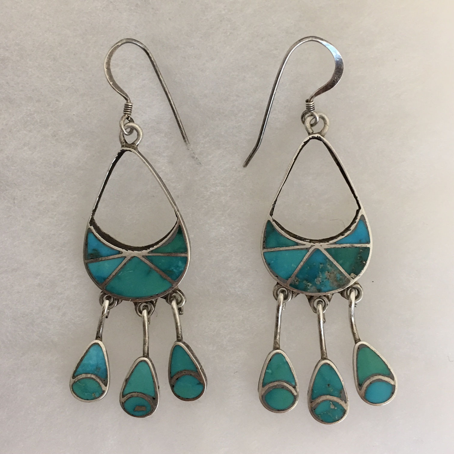Zuni Sterling Silver Turquoise Chandelier Vintage Earrings