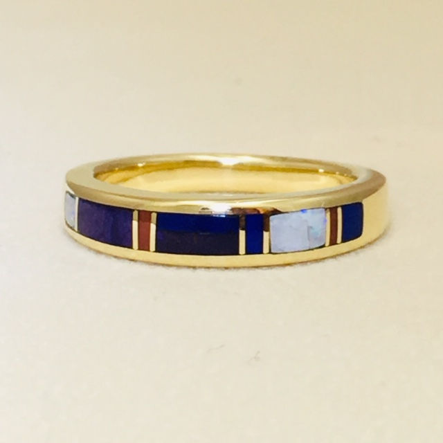 Navajo 14k Gold Coral Lapis Opal Ring