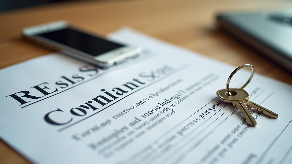 Close-up view of a real estate contract and keys on a wooden table