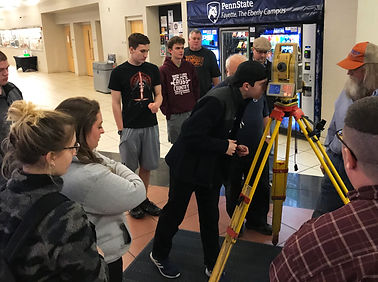 Group of high school students surrounding land survey total station during presentation while one student peers through