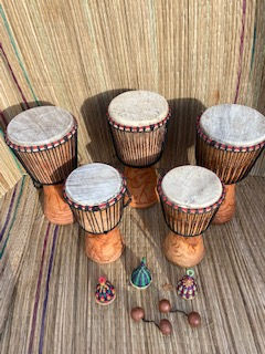 Thumbnail: 5 Authentic Ghanaian Djembes - 3 x 11-Inch and 2 x 9-Inch with free shakers