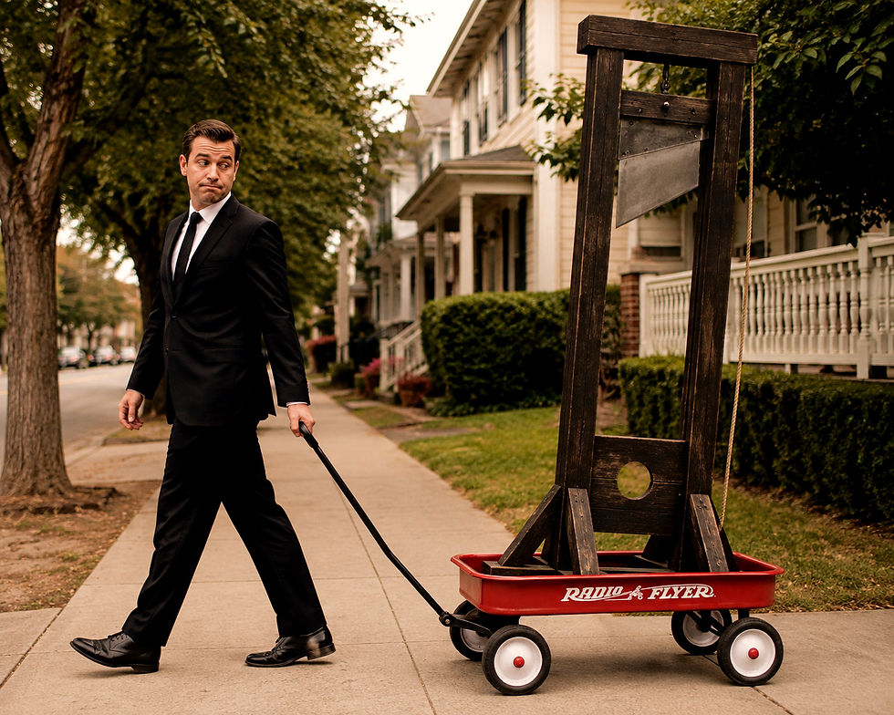 A man pulling a guillotine in a wagon