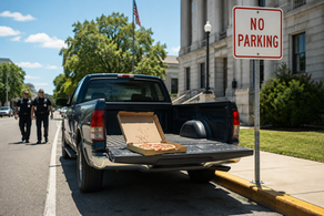 A truck in a no parking zone, pizza in the back