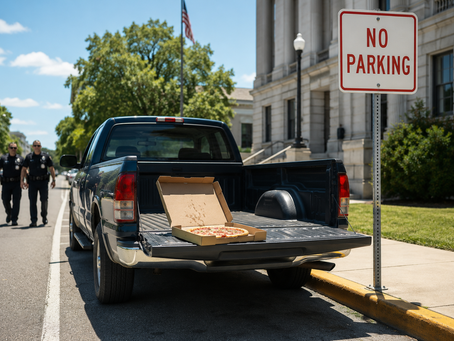 A truck in a no parking zone, pizza in the back