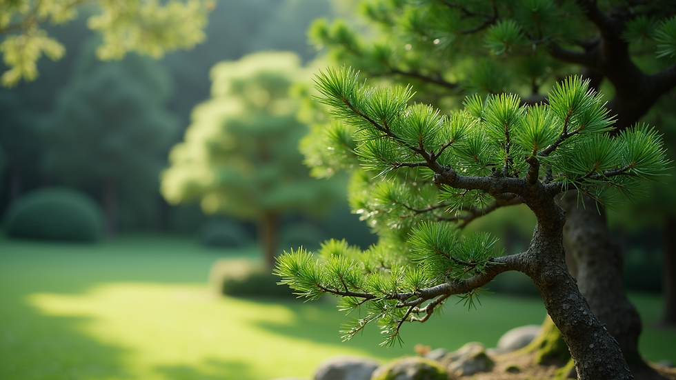 Close-up view of a tranquil hinoki tree corner in a serene garden setting