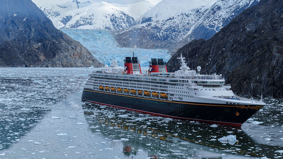 Disney Cruise Line ship sailing through Alaska scenery