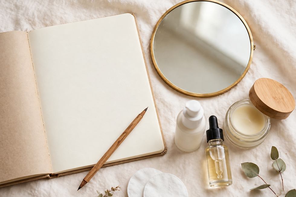 Consultation notebook, round mirror and unbranded skincare containers on a cream surface.