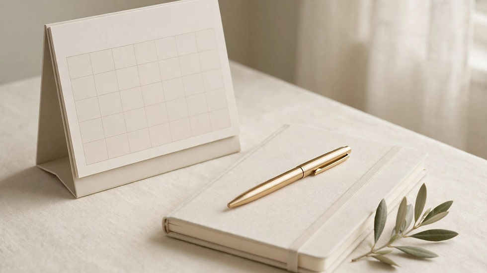 Closed notebook beside calendar and pen on cream tabletop