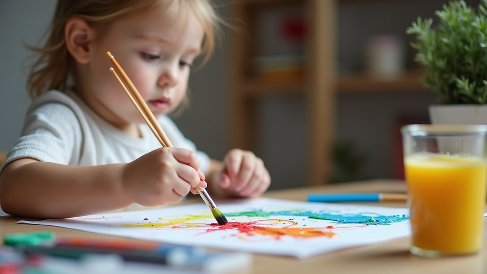 Close-up view of a child painting a colorful craft project