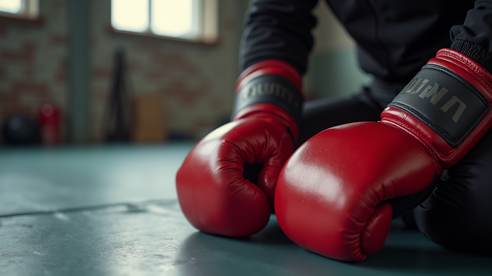 Close-up view of martial arts gloves and training equipment