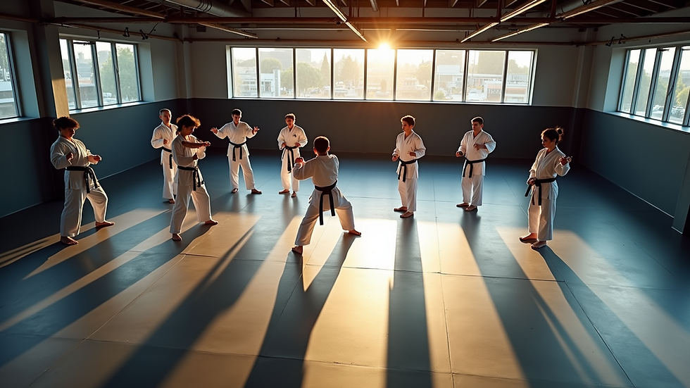 High angle view of a martial arts class practicing together in a spacious gym