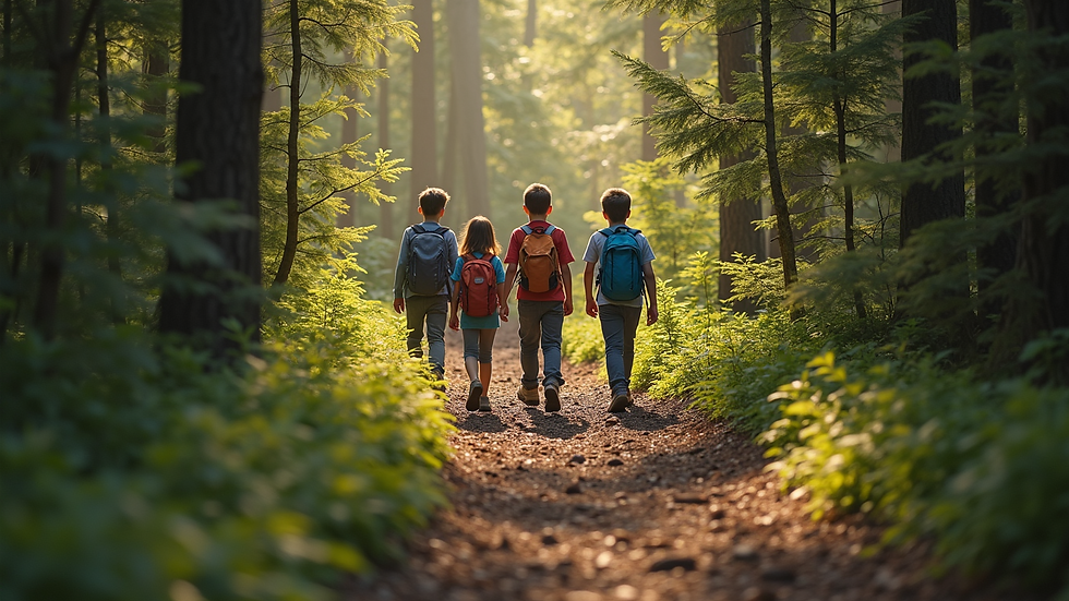 High angle view of a group of kids hiking on a forest trail