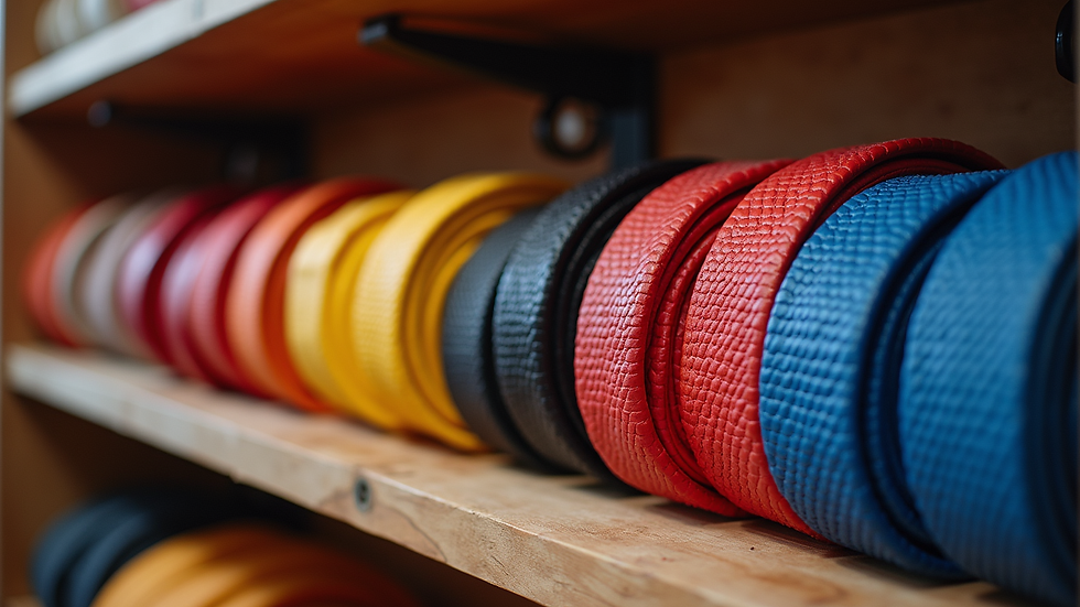 Close-up view of martial arts belts arranged by color on a wooden shelf