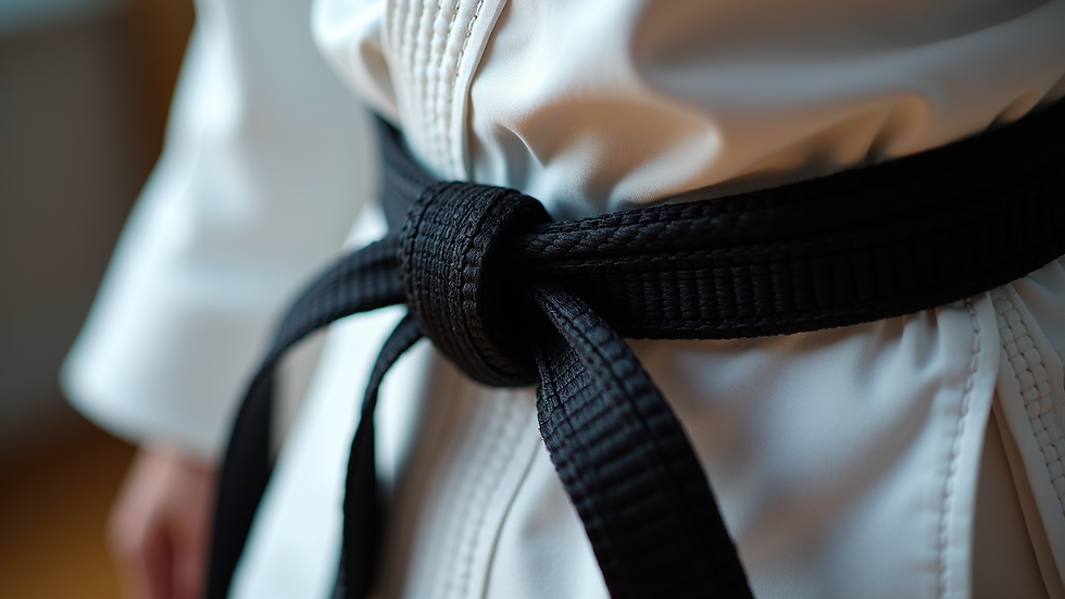 Close-up view of a taekwondo black belt tied around a uniform