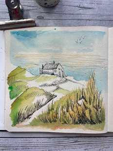 Loose line and wash watercolour painting of a seaside landscape, with wobbly ink lines, grass in the foreground, dunes and sea behind, a little white house on a hill and a few birds in the sky