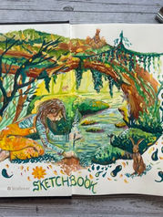 Open sketchbook displaying a beautiful mix of pencil sketches and watercolour gouache illustrations. A creative fusion of botanical drawings and abstract patterns, capturing the artist's daily exploration of art. Perfect inspiration for women 35-60 looking to embark on their own artistic journey.
