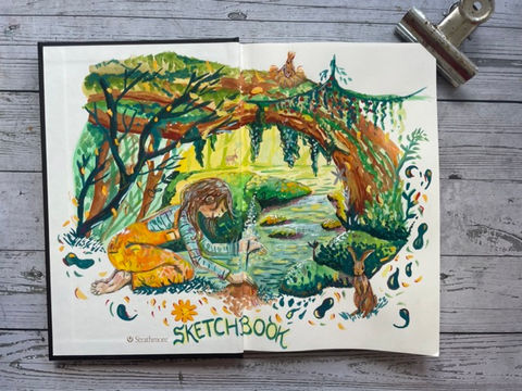 Open sketchbook displaying a beautiful mix of pencil sketches and watercolour gouache illustrations. A creative fusion of botanical drawings and abstract patterns, capturing the artist's daily exploration of art. Perfect inspiration for women 35-60 looking to embark on their own artistic journey.