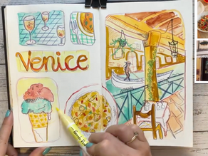 Hand colouring a sketchbook page of Venice with gondolas, canal views, wine, pasta and gelato drawings, with the word Venice visible