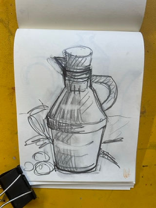 Shaded pencil sketch of a jug with a handle sitting on a tabletop