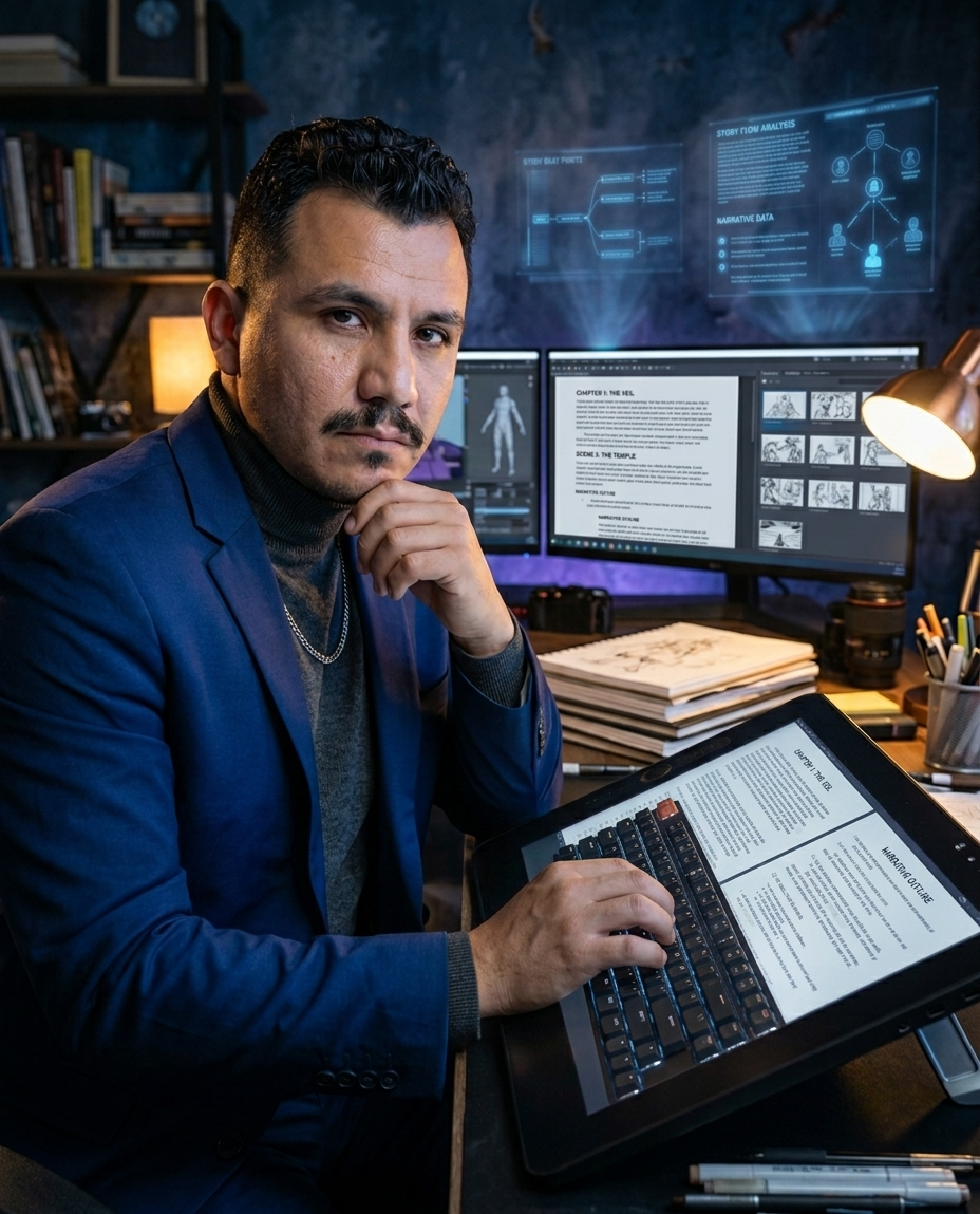 Jayson Omar Matos Rivera, Presidente y Fundador de Jay Digital Production, posando mientras escribe un guion clave para una de sus novelas gráficas.