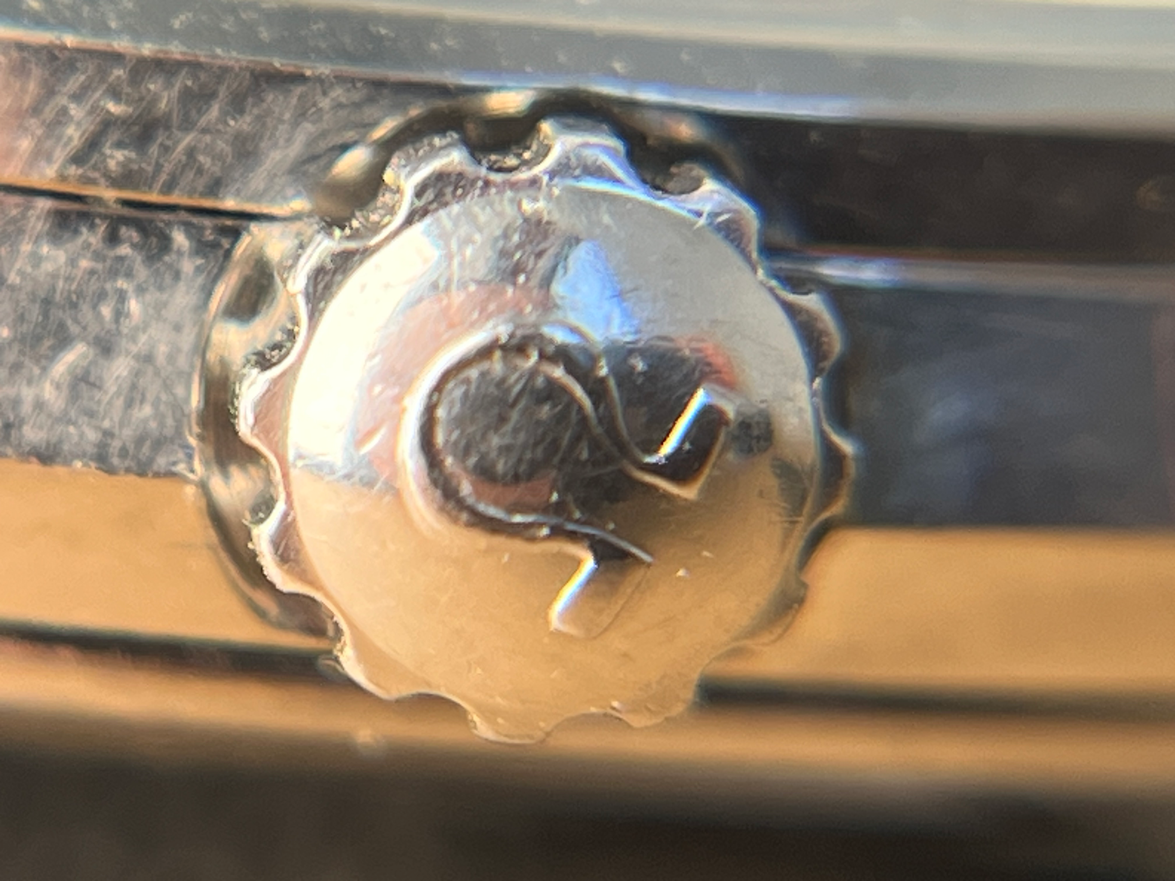 Omega Seamaster 166.009. Signed crown close-up. · Photo: Tempo Prima · © Tempo Prima; permission not yet confirmed · Source: https://www.tempoprima.com/product-page/vintage-1963-omega-seamaster-serviced-special-ribbion-dial