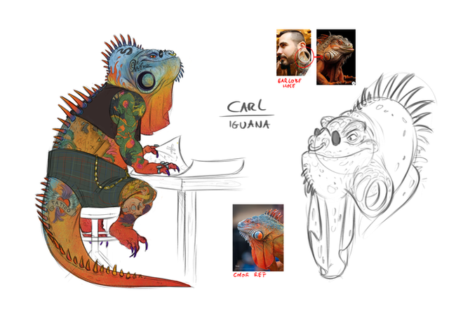 The Groundhog with the Backward-facing face, concept art, chickenhare, carl, tattoo, inge van der veen, character design