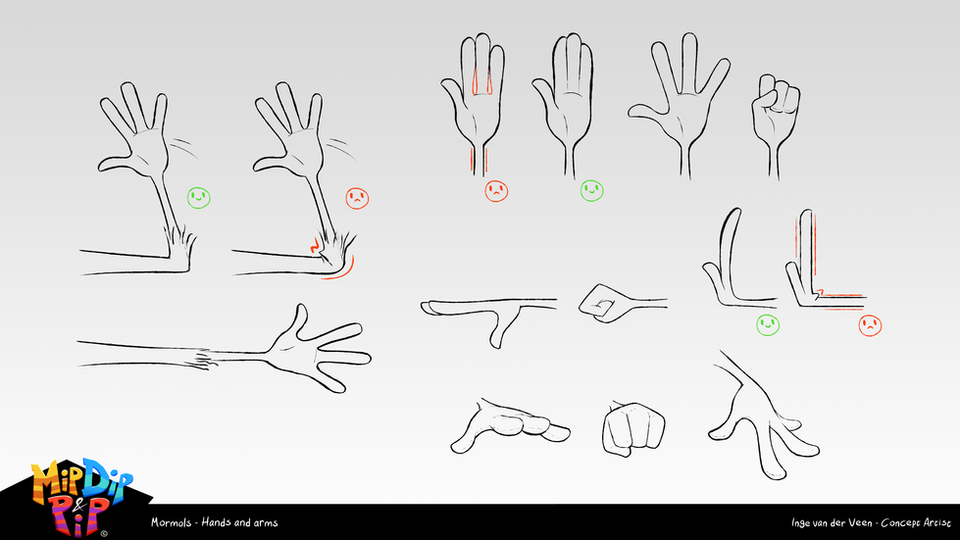 Character Design by Inge van der Veen. Hands and arms. Mip, Dip and Pip