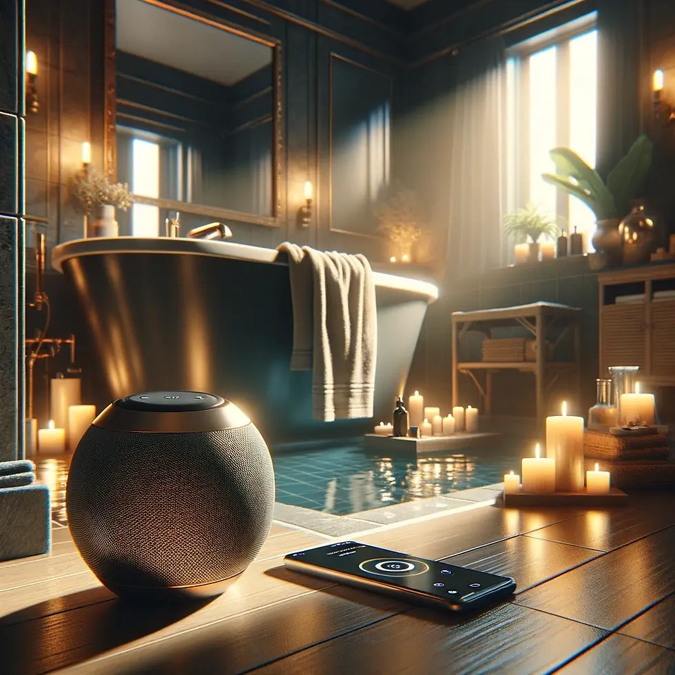 Luxurious bathroom with a freestanding tub, candles, and a smart speaker, creating a relaxing ambiance with soft lighting.