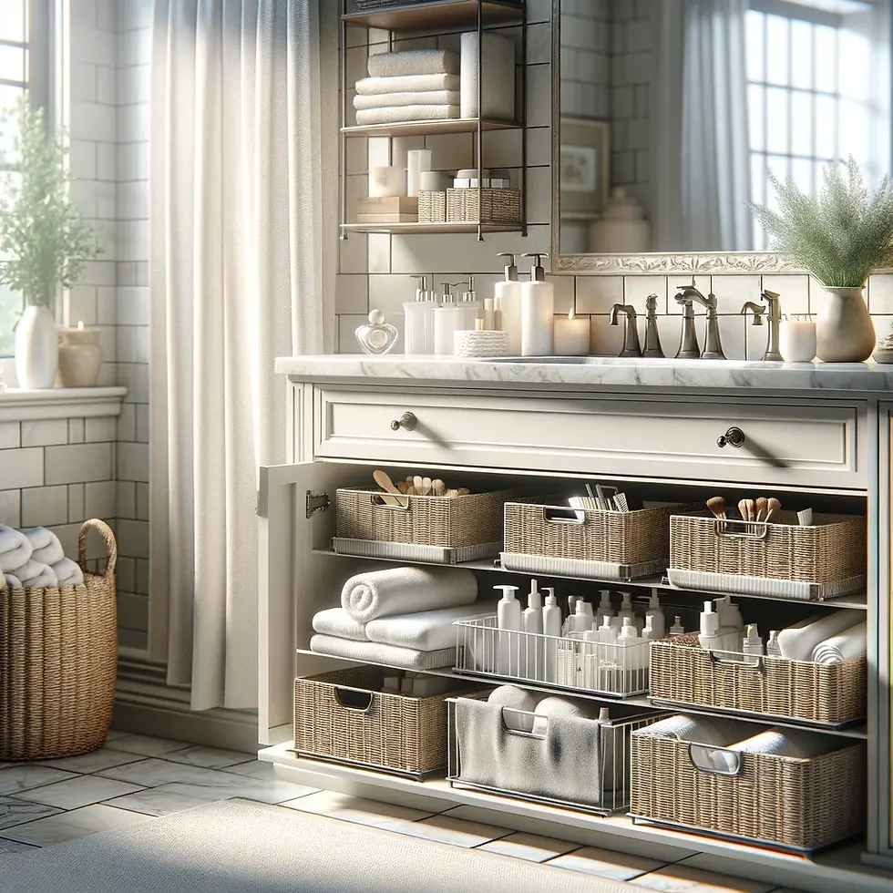 Organized bathroom with wicker baskets storing toiletries and towels, neatly arranged under a vanity, creating a clean and stylish space.