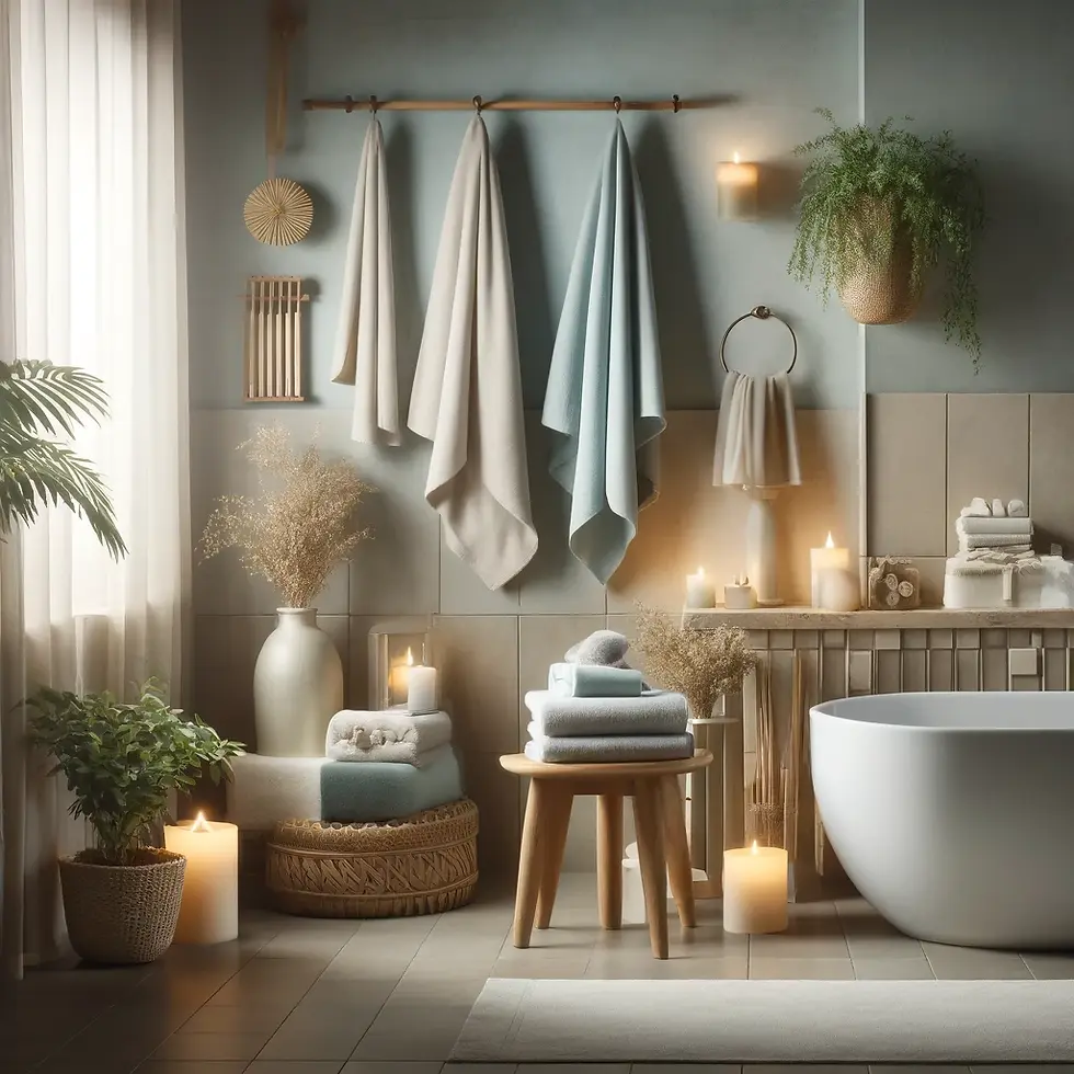 Serene bathroom with a freestanding tub, plush towels, candles, plants, and soft lighting, creating a calming and inviting atmosphere.