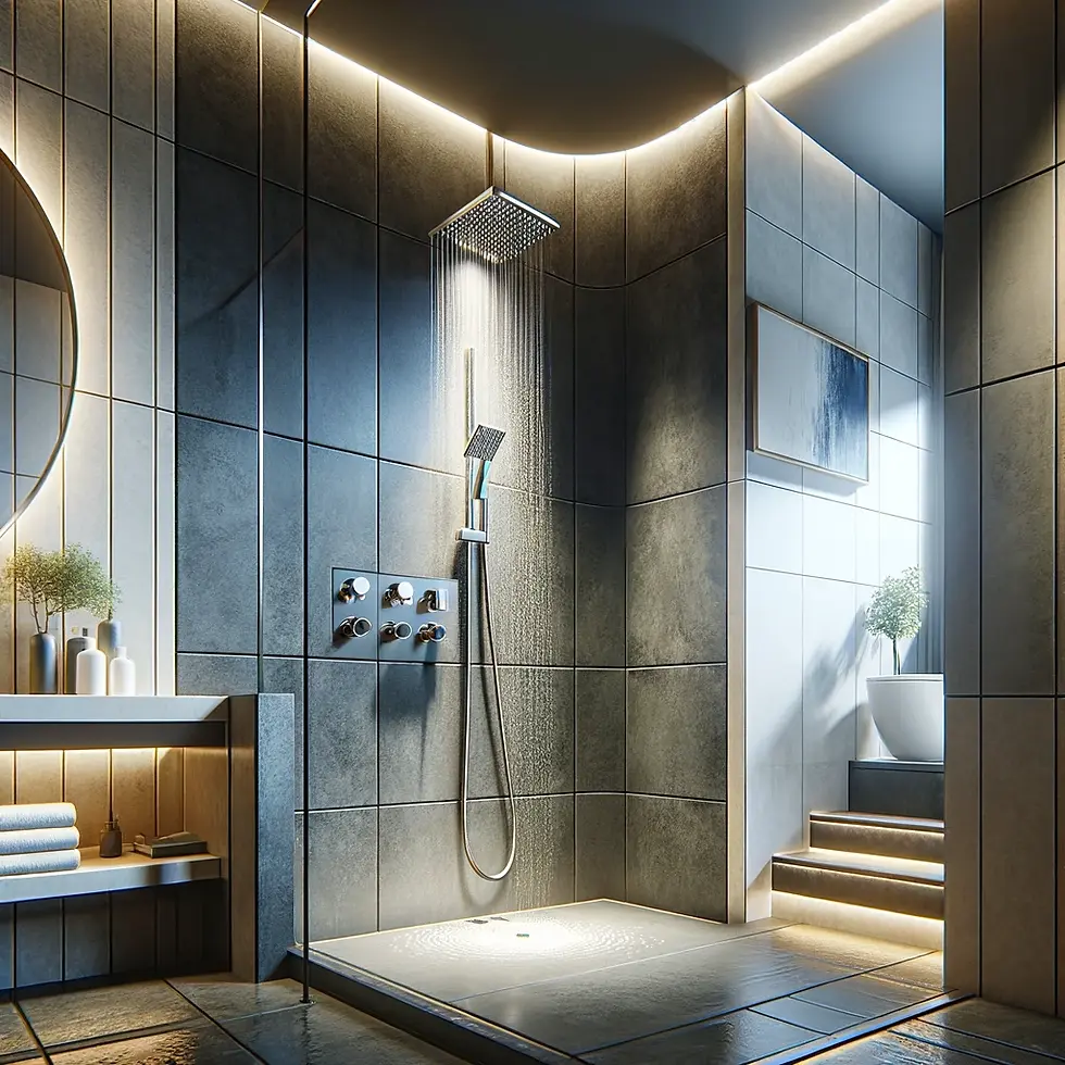Modern shower with rain showerhead, sleek tiles, ambient lighting, and a stylish vanity, creating a luxurious and relaxing experience.