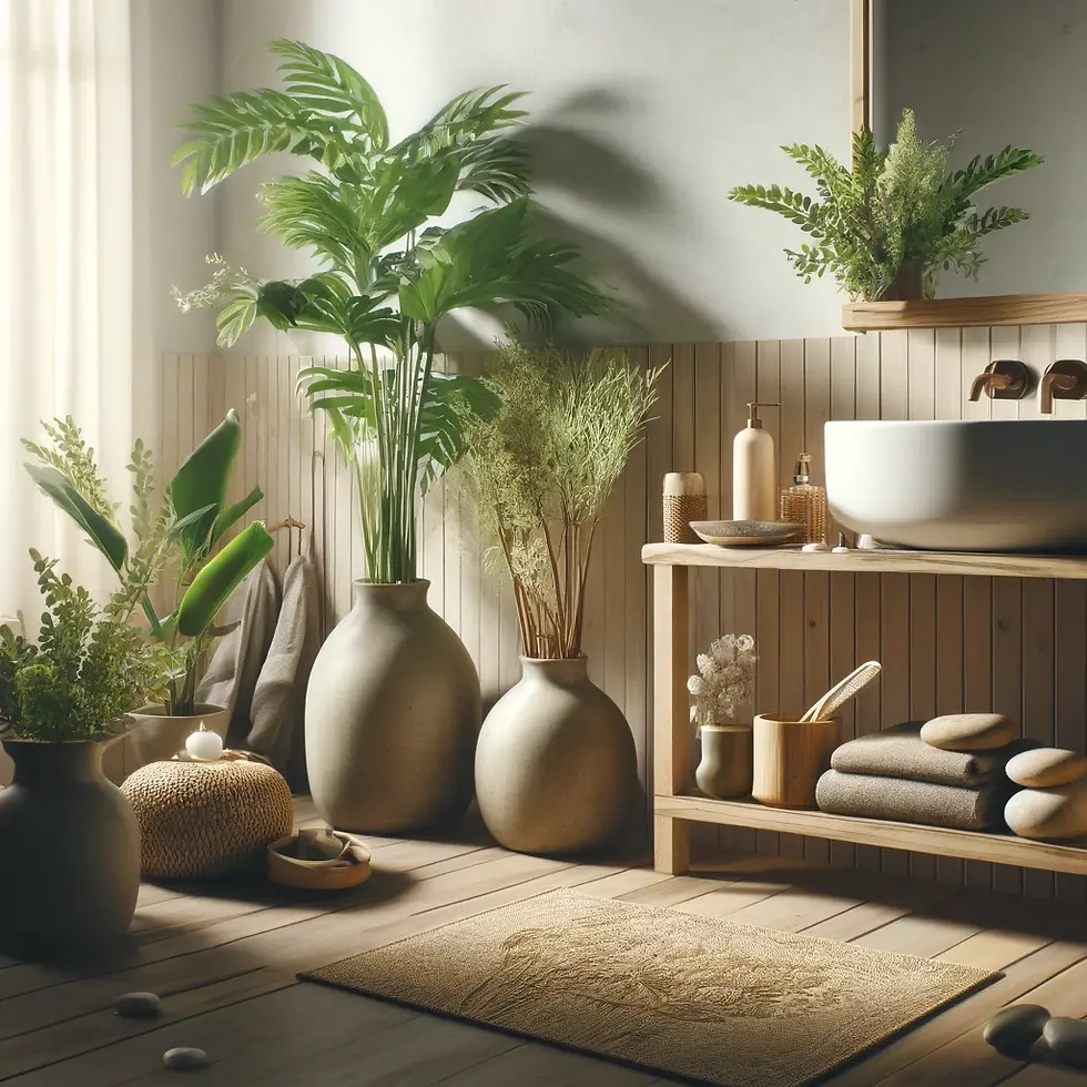Calming bathroom with lush green plants, wooden accents, a stylish sink, and soft natural lighting, creating a peaceful atmosphere.