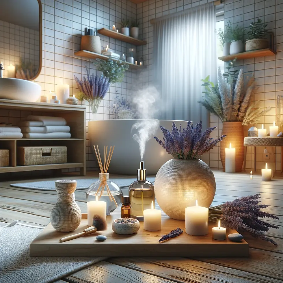 A serene bathroom with a freestanding tub, candles, essential oils, lavender, and soft lighting, creating a spa-like atmosphere.