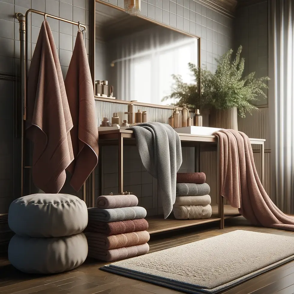 Luxurious bathroom with neatly stacked plush towels, elegant decor, and soft lighting, creating a warm and inviting atmosphere.