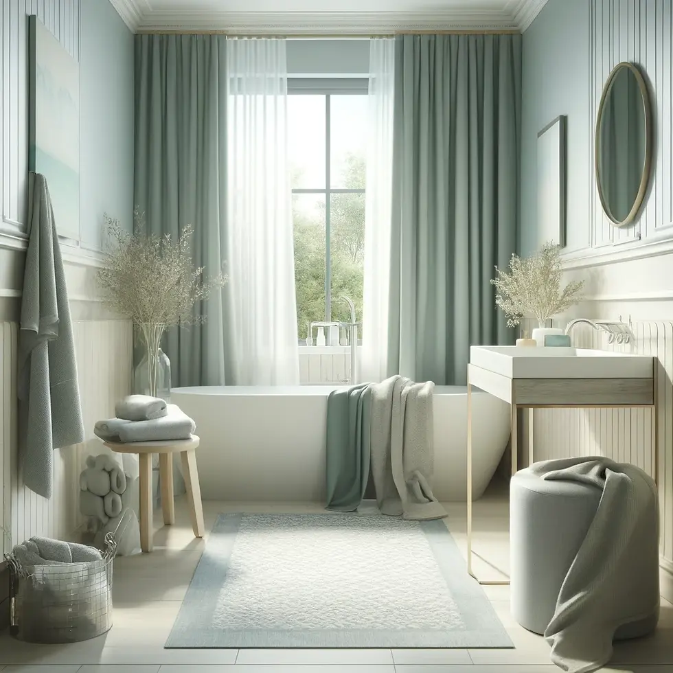 Bright, serene bathroom with a bathtub, soft towels, light-colored decor, and a large window letting in natural light.