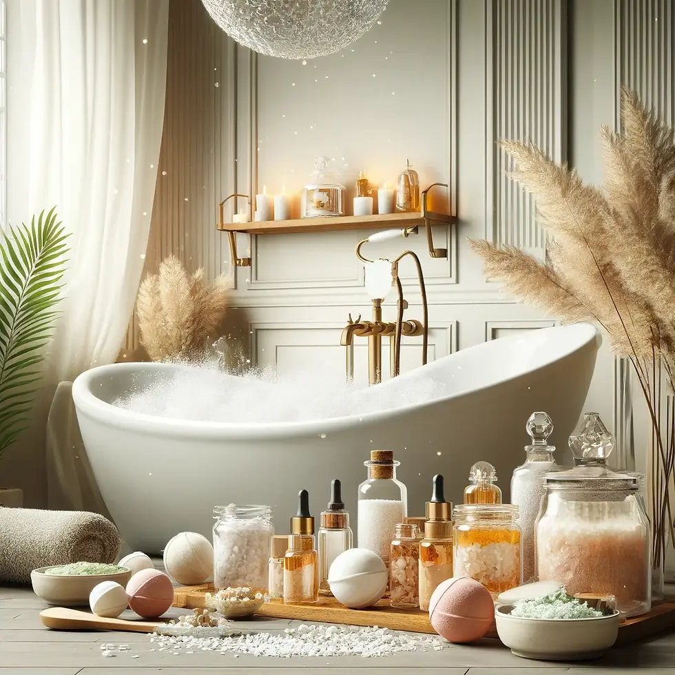 Luxurious bathroom with a bubble-filled tub, surrounded by bath salts, oils, candles, and pampas grass, creating a spa-like atmosphere.